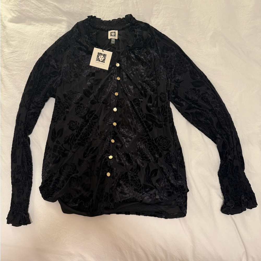 Anne Klein Midnight Floral Button-Up Blouse